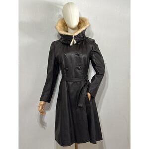 VTG Stunning 70s Leather Fur Funnel High Neck Trench Penny Lane Coat M Brown